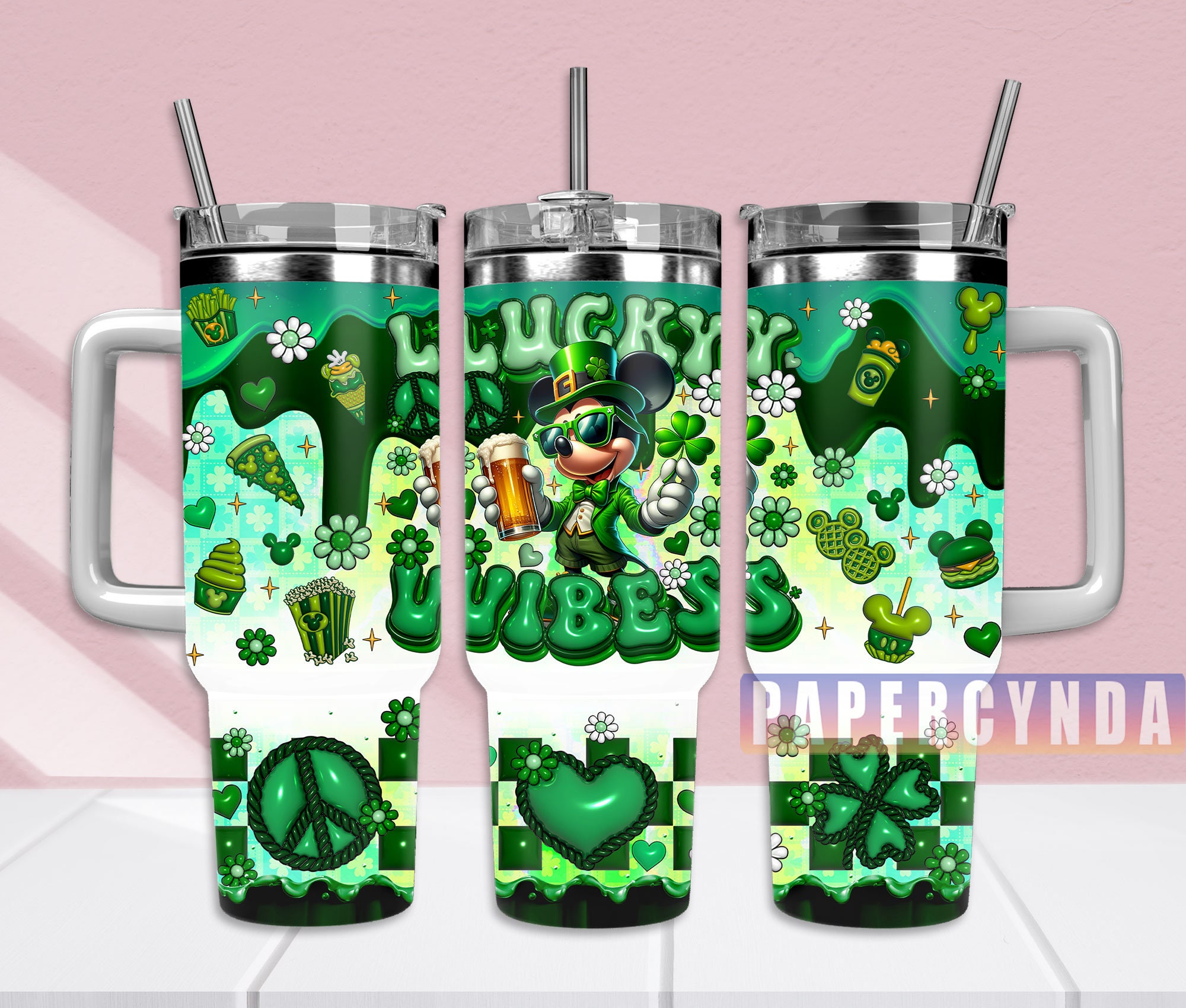 St. Patrick's Day Lucky Vibes Tumbler - Fun Green Design with Handle & Straw