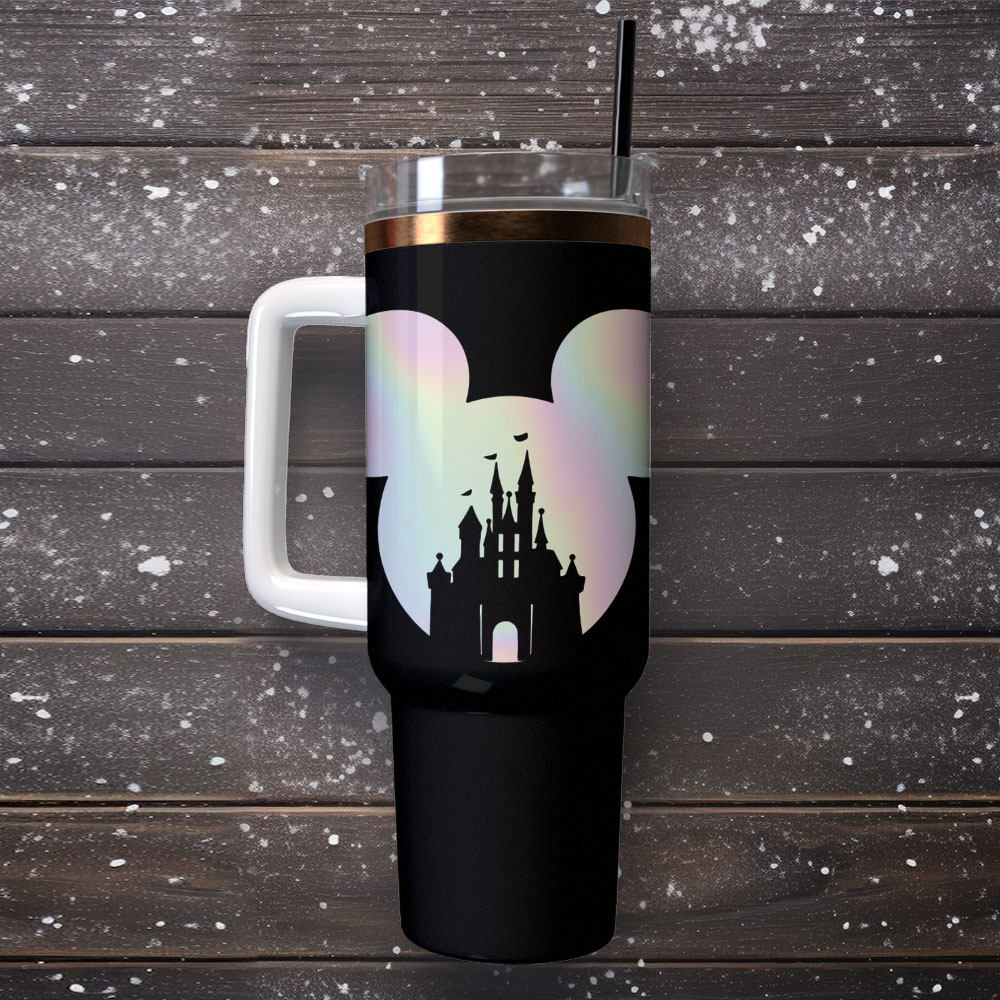 Magical Castle Insulated Travel Tumbler with Handle & Straw - Sleek Black Design - Image 4
