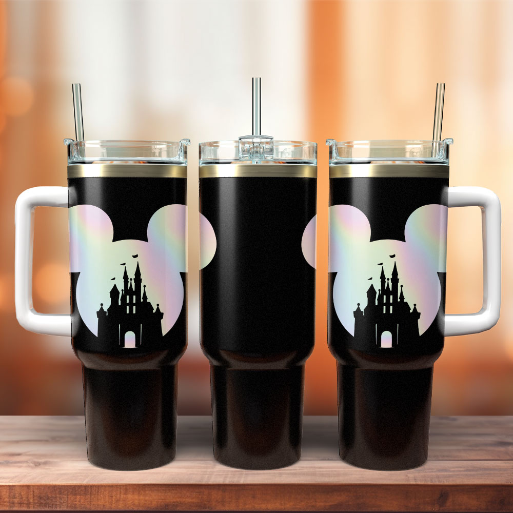 Magical Castle Insulated Travel Tumbler with Handle & Straw - Sleek Black Design
