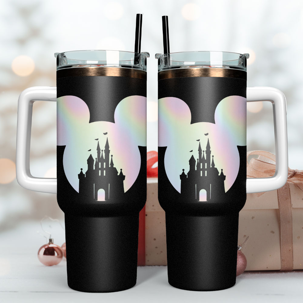 Magical Castle Insulated Travel Tumbler with Handle & Straw - Sleek Black Design - Image 2