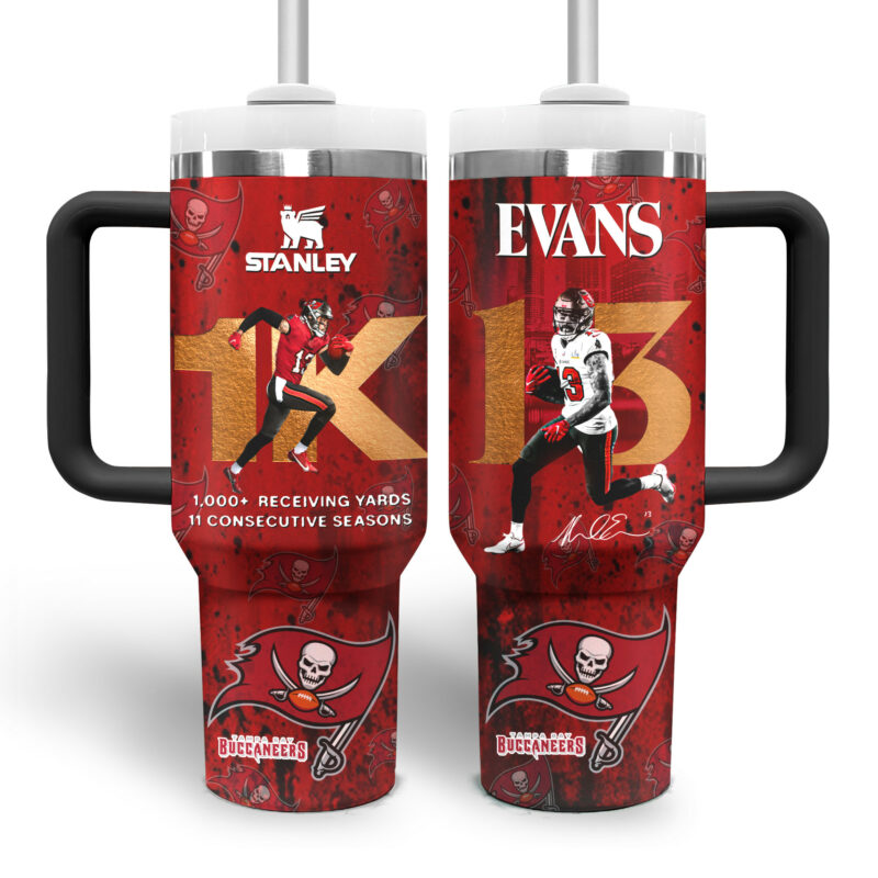Mike Evans Tampa Bay Buccaneers NFL Sports Custom Stanley Quencher 40oz Stainless Steel Tumbler With Handle - Threewoofs - Image 3