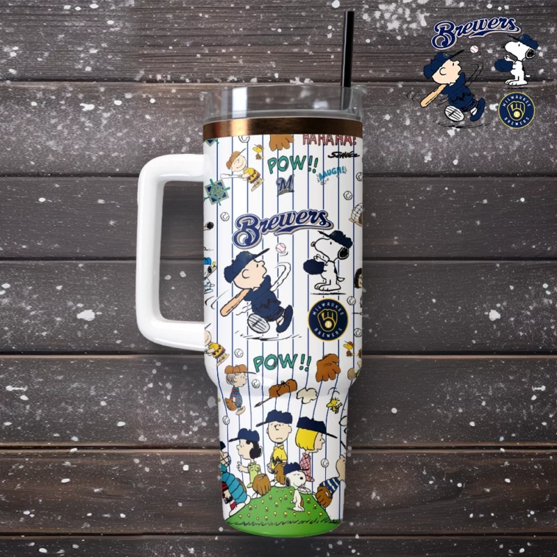 Milwaukee Brewers x Peanuts MLB Custom Stanley Quencher 40oz Stainless Steel Tumbler With Handle - Threewoofs - Image 2