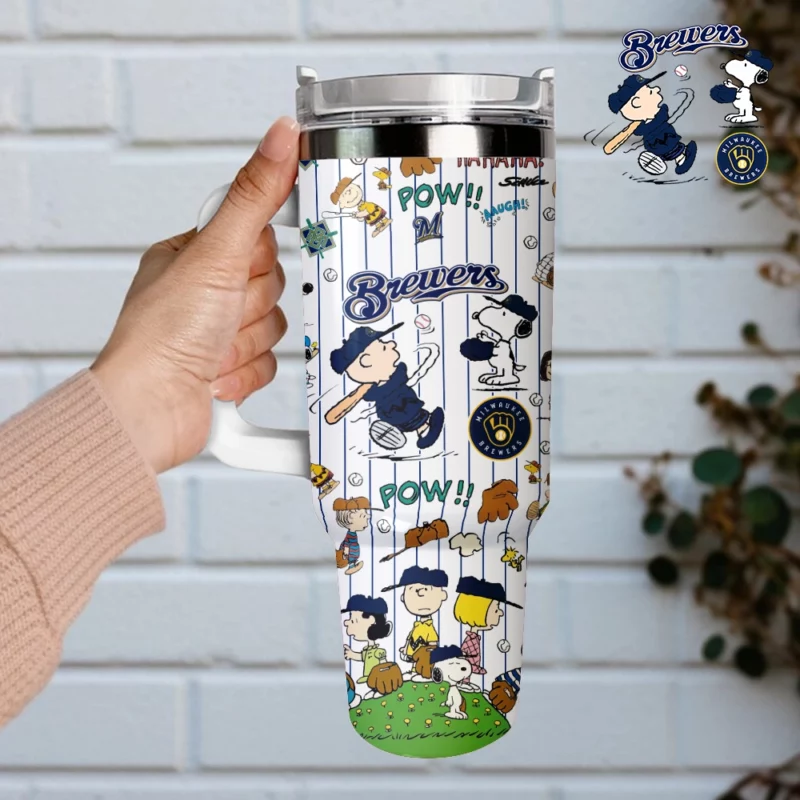 Milwaukee Brewers x Peanuts MLB Custom Stanley Quencher 40oz Stainless Steel Tumbler With Handle - Threewoofs - Image 4
