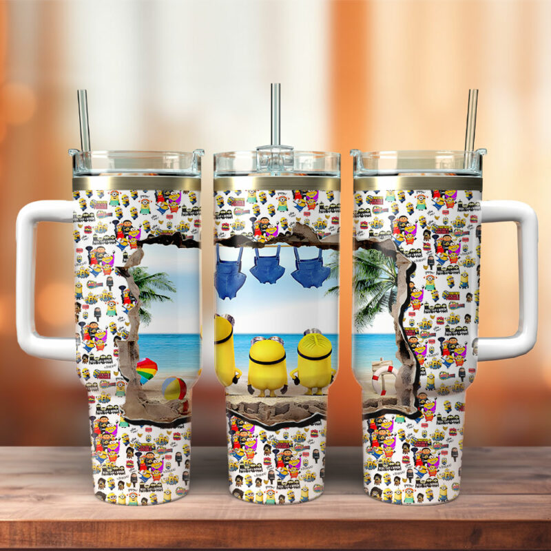 Minions Cartoon Custom Stanley Quencher 40oz Stainless Steel Tumbler With Handle - Threewoofs