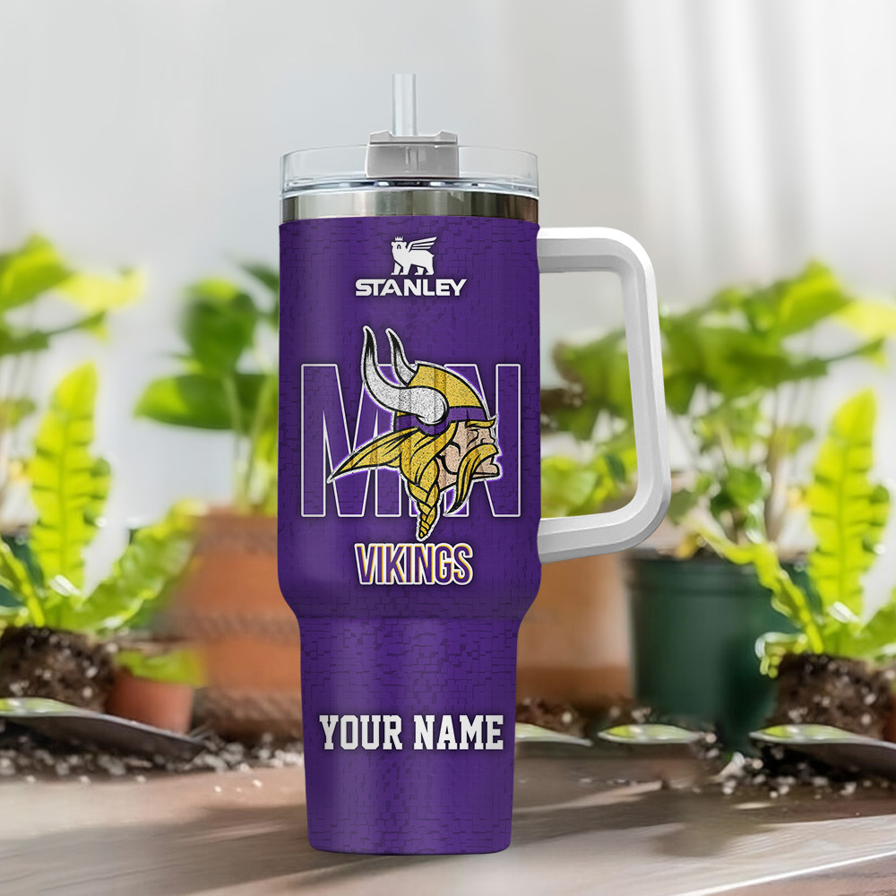 Custom Name Stanley Tumbler - Vikings Fan Drinkware with Handle & Straw - Image 2
