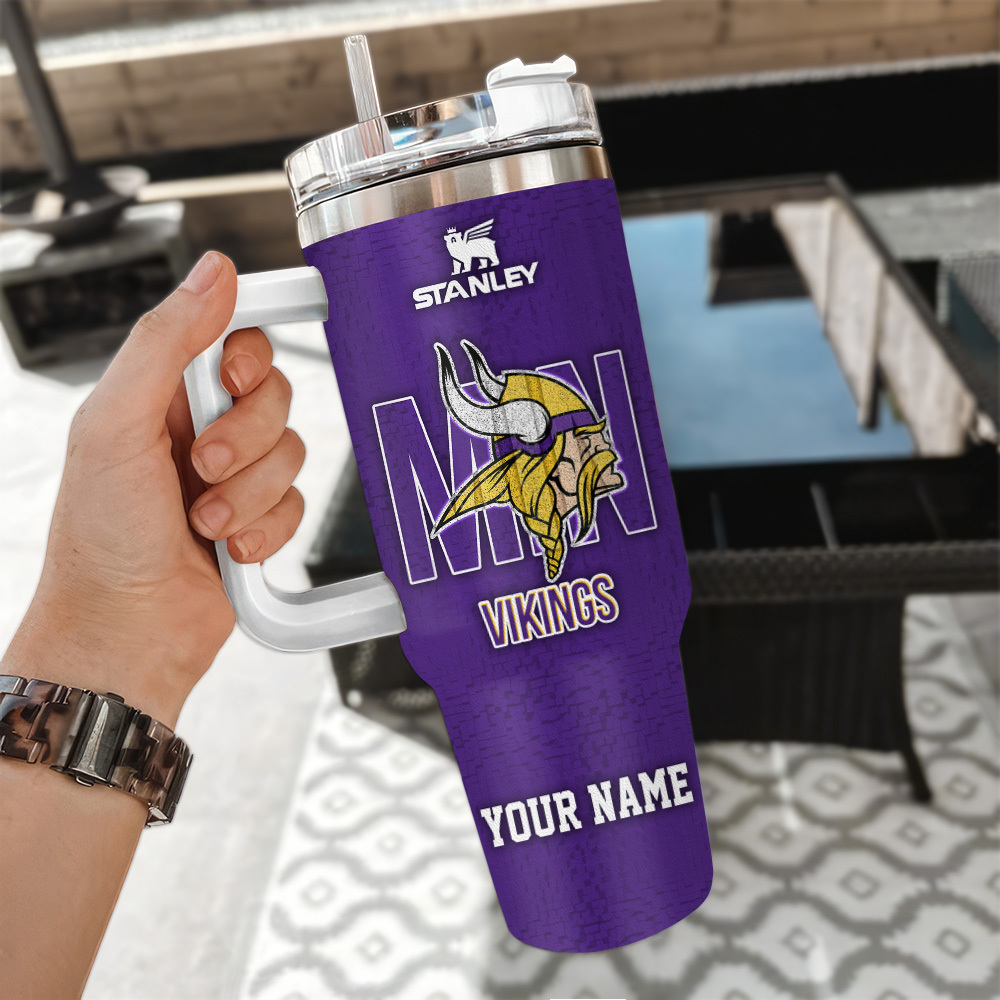 Custom Name Stanley Tumbler - Vikings Fan Drinkware with Handle & Straw - Image 3