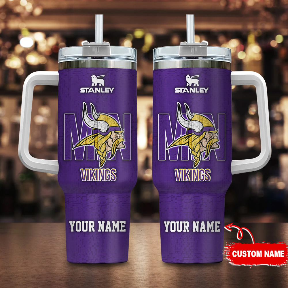 Custom Name Stanley Tumbler - Vikings Fan Drinkware with Handle & Straw