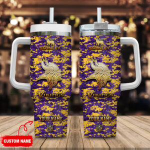 Custom Name Vikings Camo Tumbler Mug with Handle and Straw - Perfect for Fans