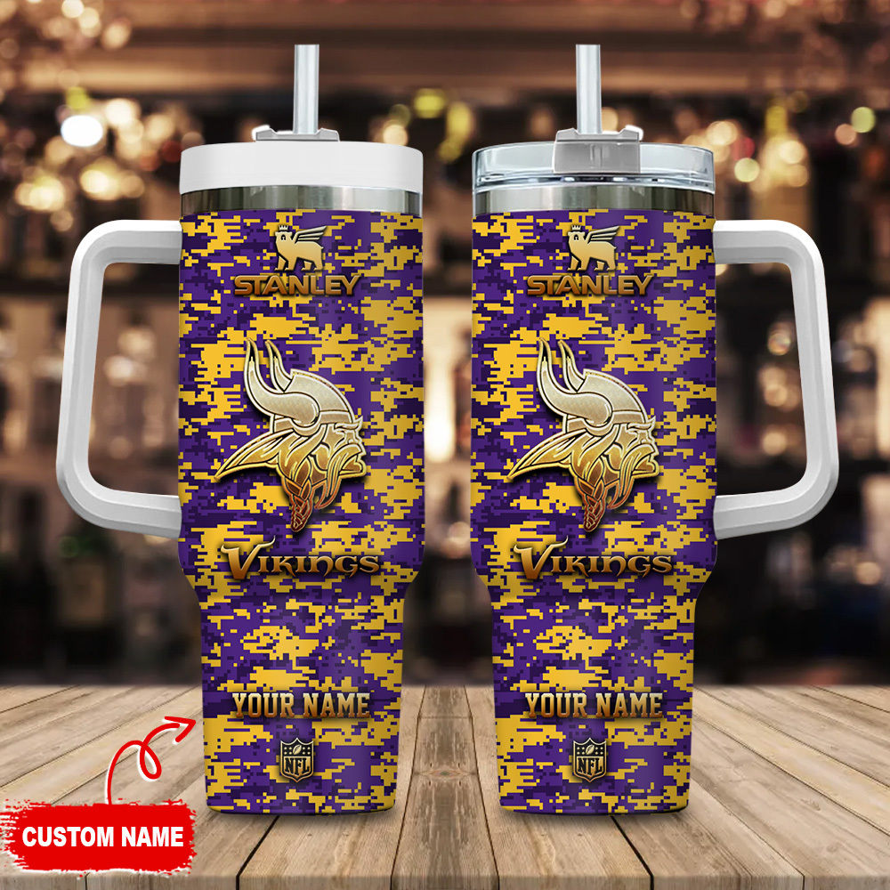 Custom Name Vikings Camo Tumbler Mug with Handle and Straw - Perfect for Fans