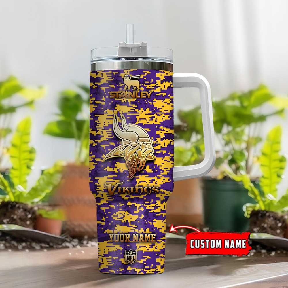 Custom Name Vikings Camo Tumbler Mug with Handle and Straw - Perfect for Fans - Image 2