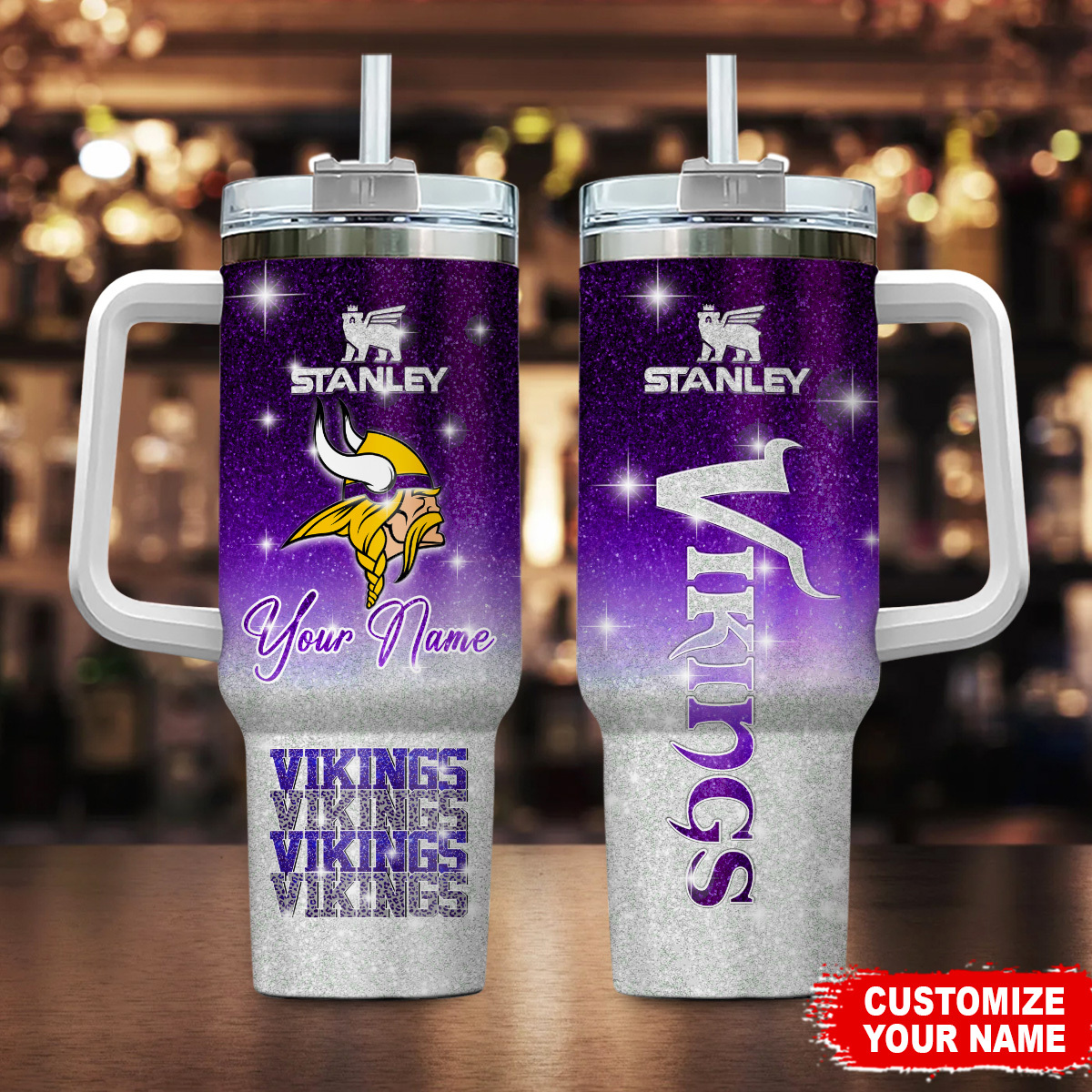 Custom Name Vikings Tumbler - Personalized Glitter Design
