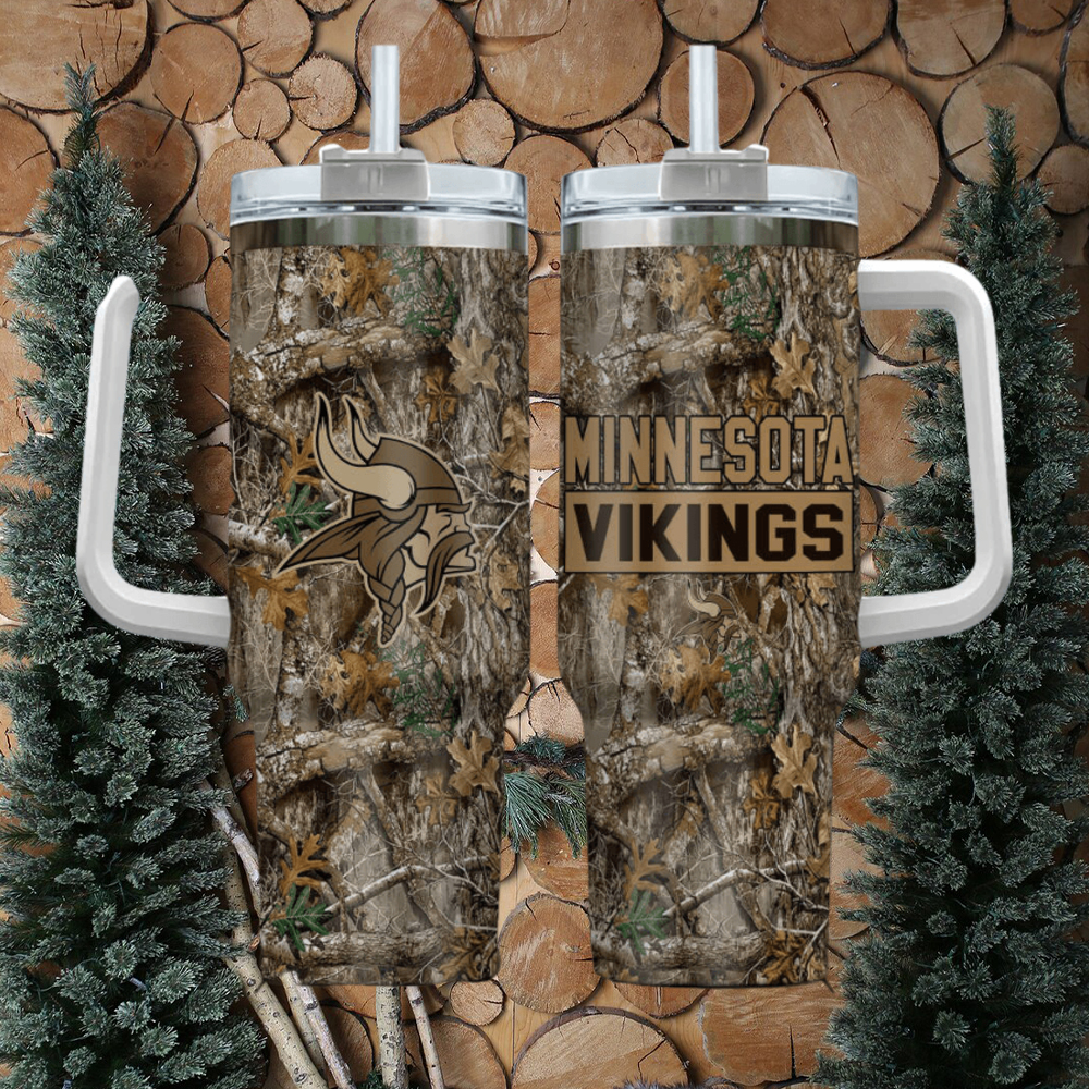 Minnesota Vikings Camo Tumbler - Insulated Travel Mug with Handle & Straw - Image 2