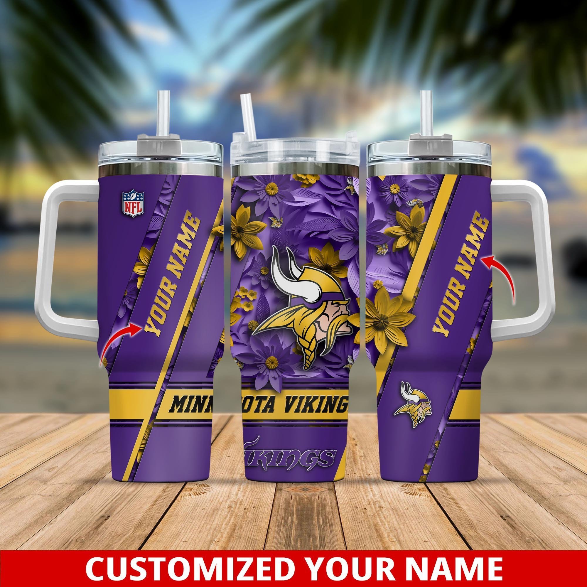 Customizable Minnesota Vikings Floral Tumbler with Handle - Personalized Gift