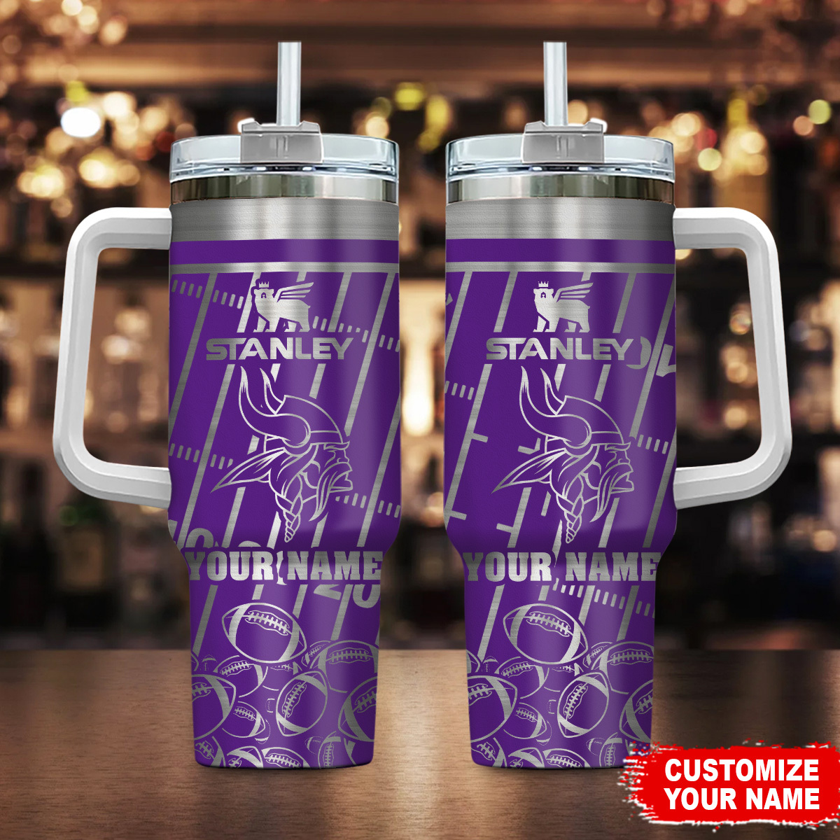 Customizable Stanley Tumbler with Handle - Personalized Purple Football Design