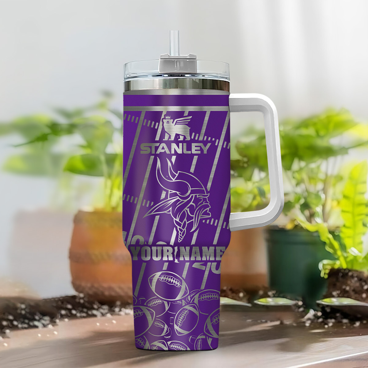 Customizable Stanley Tumbler with Handle - Personalized Purple Football Design - Image 2