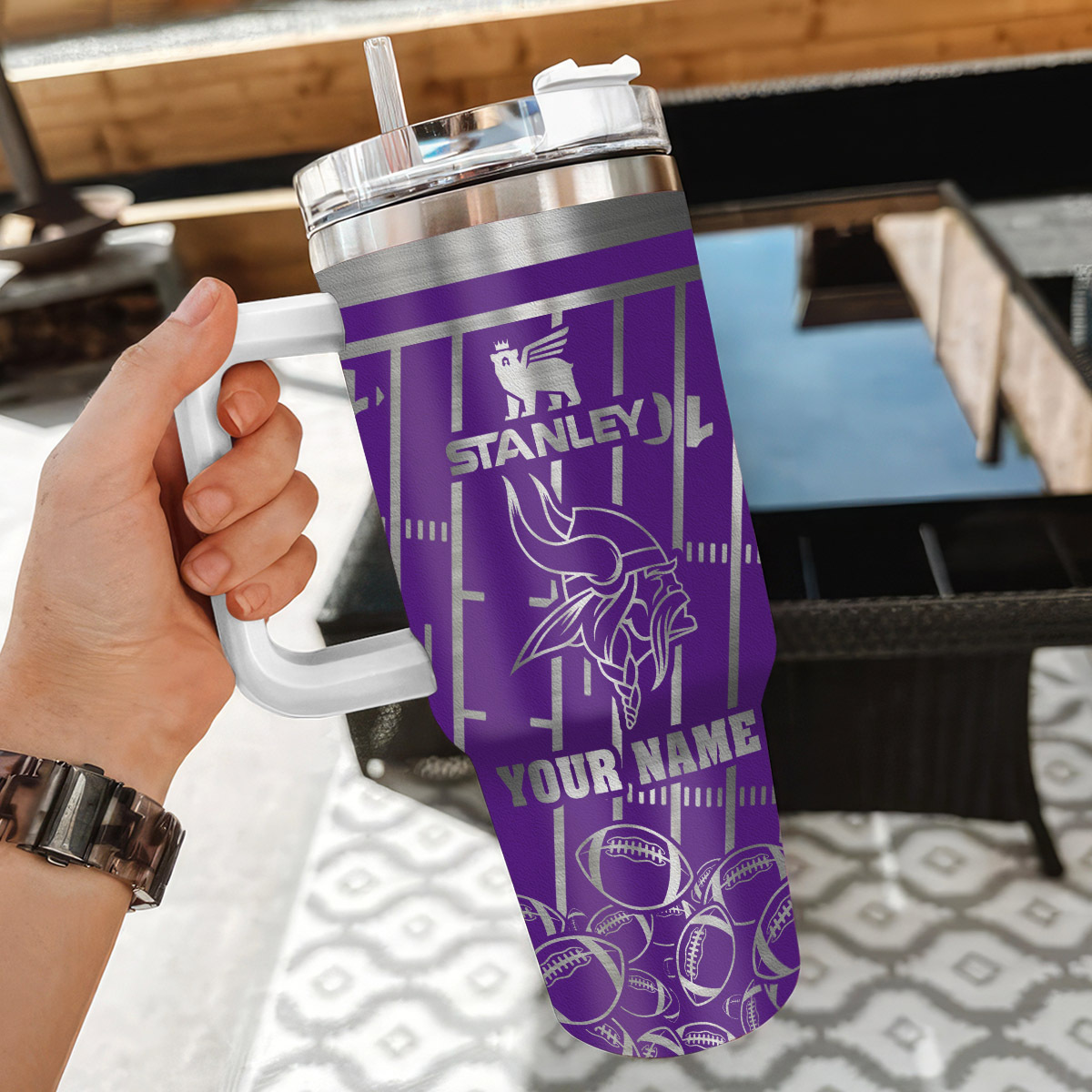 Customizable Stanley Tumbler with Handle - Personalized Purple Football Design - Image 3