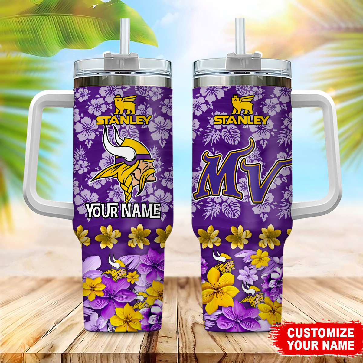 Personalized Floral Sports Team Tumbler with Handle - Custom Name