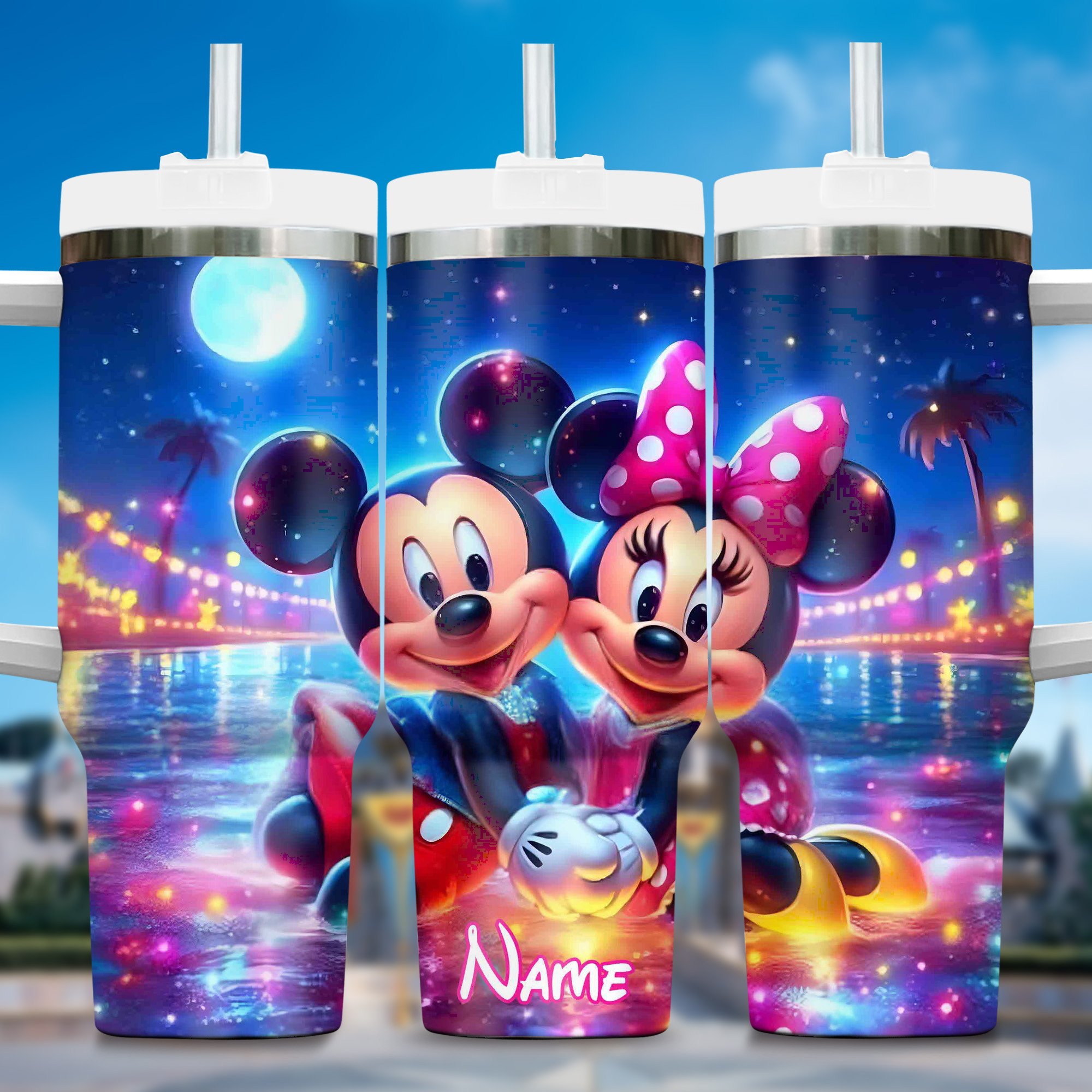 Personalized Disney Mickey & Minnie Tumbler - Custom Name Glow-in-the-Dark Cup