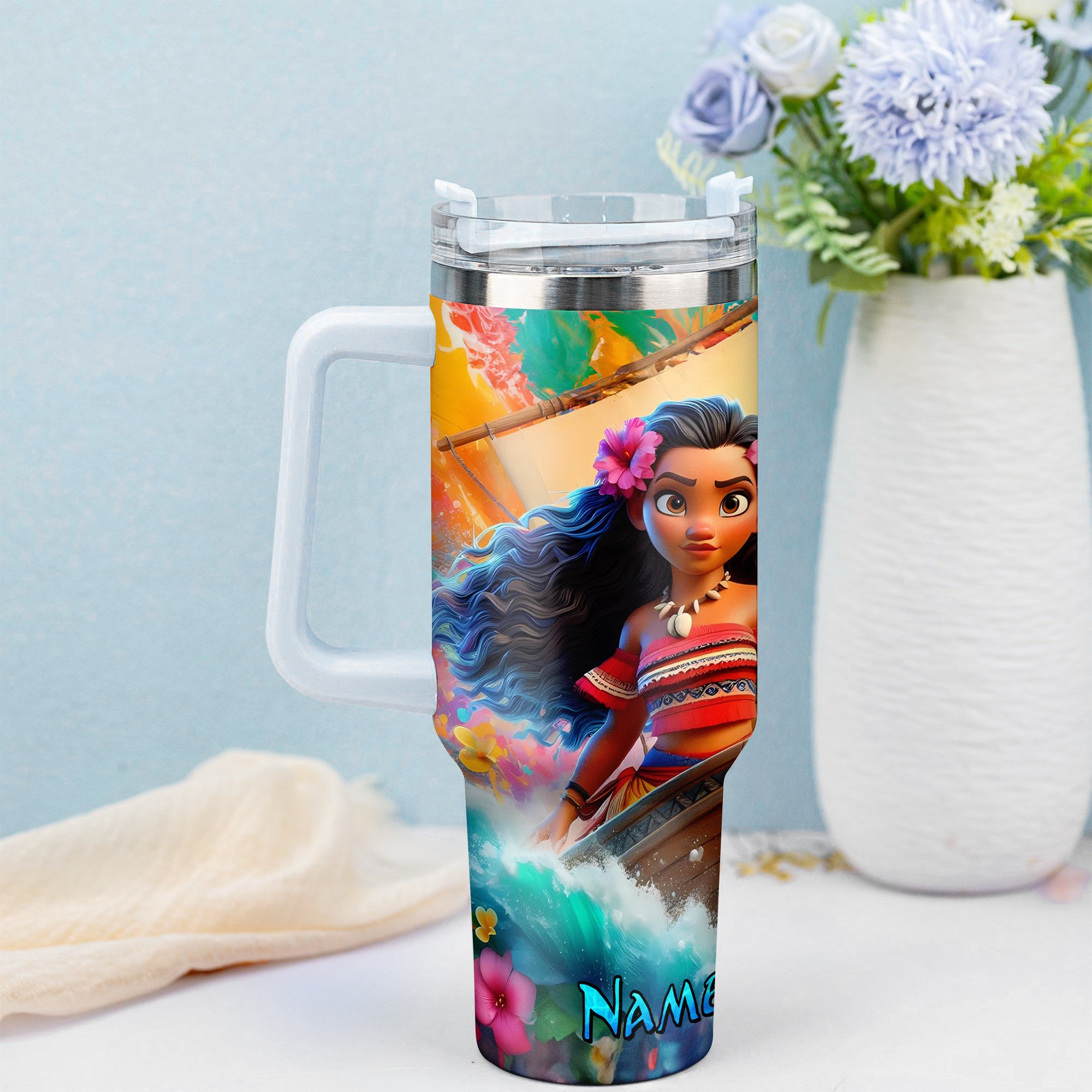 Personalized Tropical Adventure Tumbler with Straw - Vibrant Floral Design - Image 2