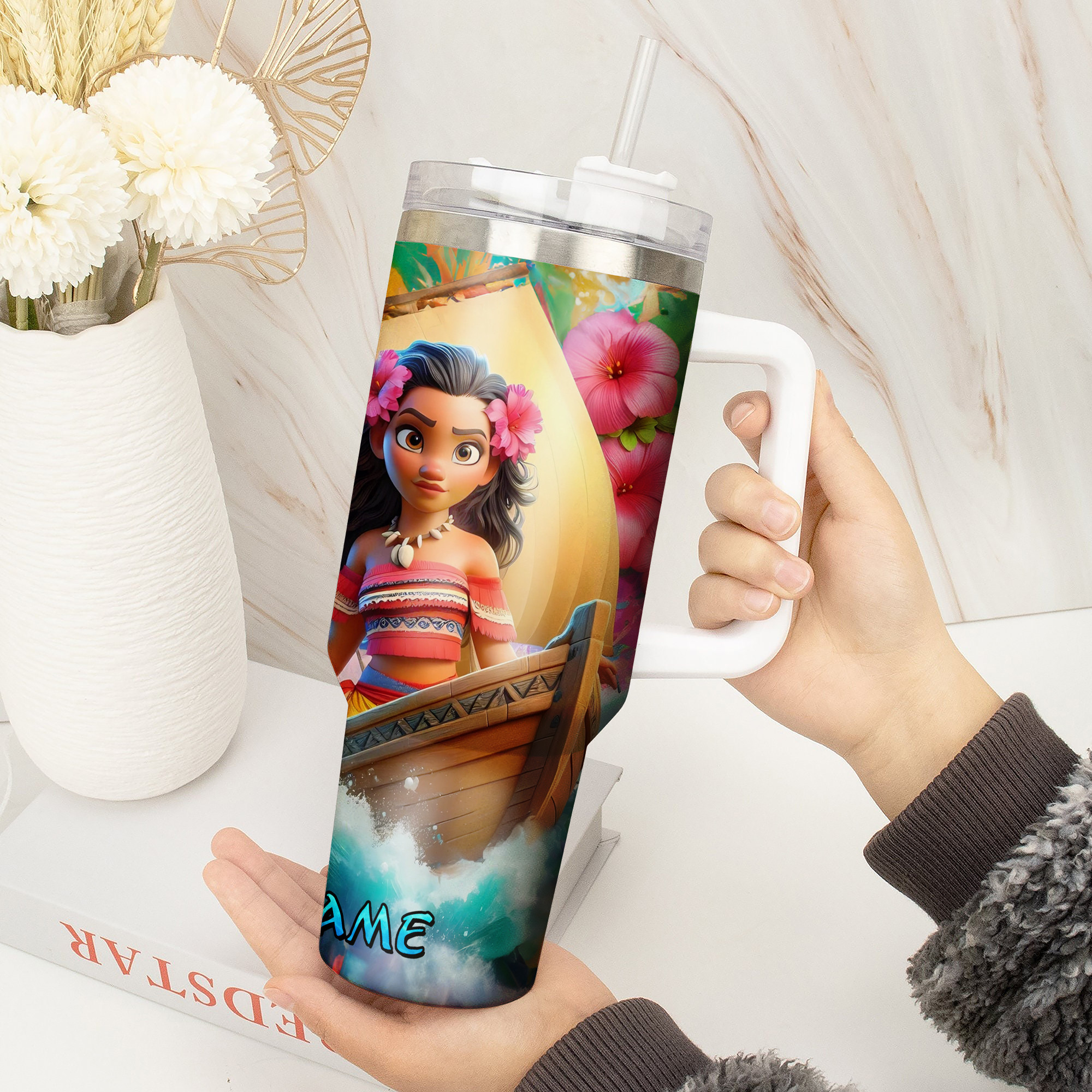 Personalized Tropical Adventure Tumbler with Straw - Vibrant Floral Design - Image 3