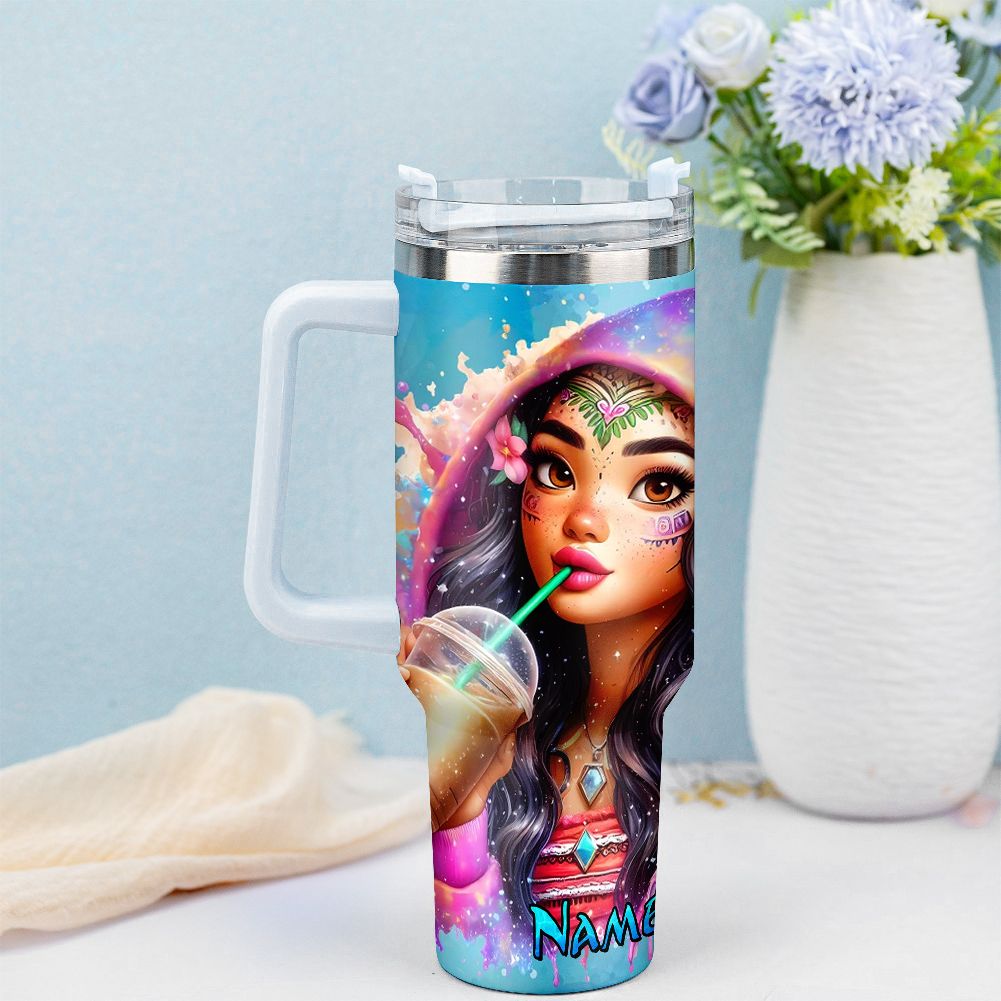 Personalized Artistic Tumbler - Vibrant Custom Name Drinkware with Straw - Image 4