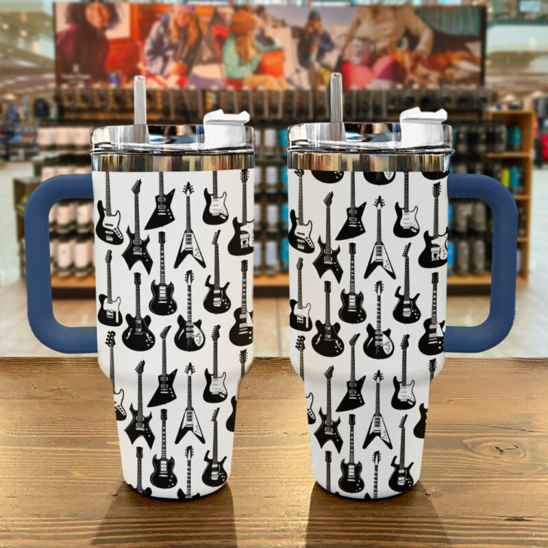 Monochrome Guitar Custom Stanley Quencher 40oz Stainless Steel Tumbler With Handle - Threewoofs - Image 3
