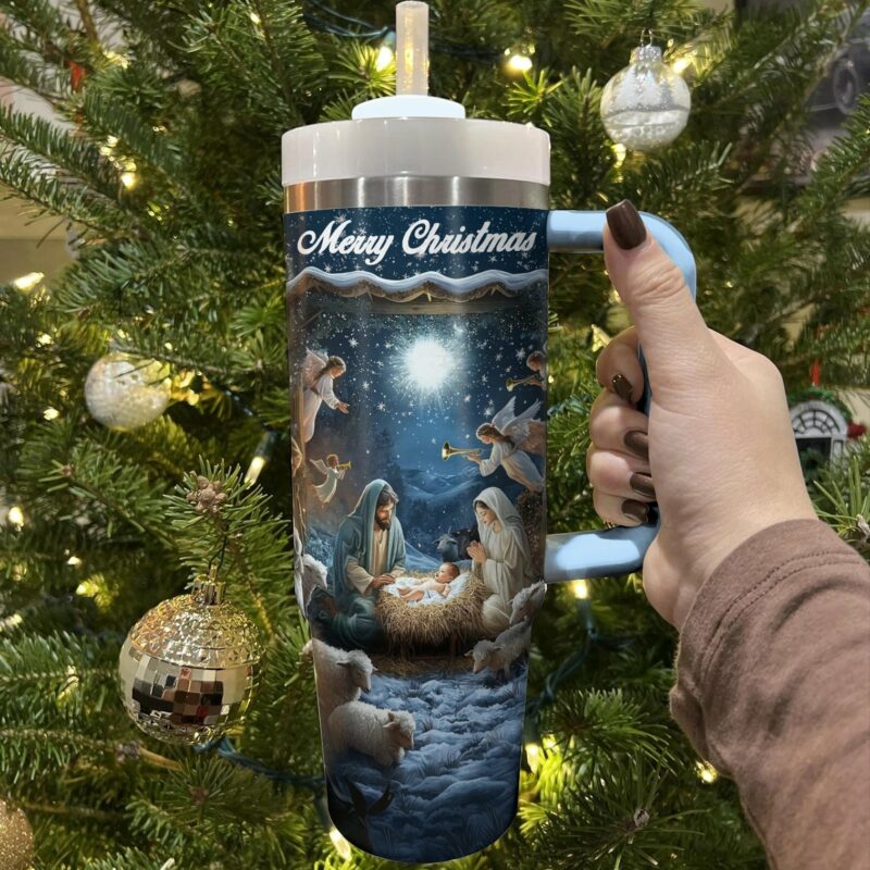 Nativity Blessing Silence Night Christmas Custom Stanley Quencher 40oz Stainless Steel Tumbler With Handle - Threewoofs - Image 2