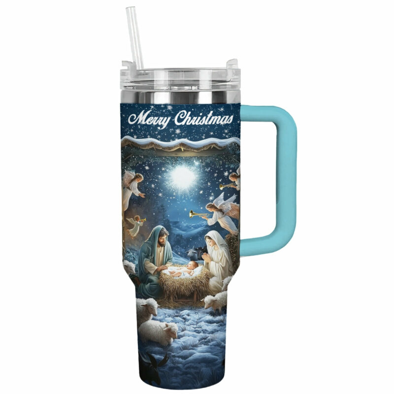 Nativity Blessing Silence Night Christmas Custom Stanley Quencher 40oz Stainless Steel Tumbler With Handle - Threewoofs