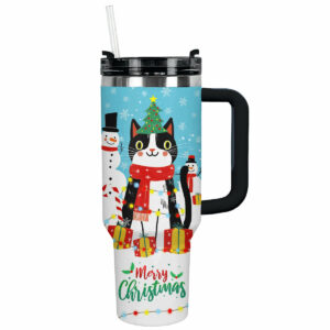 Naughty Cat With Christmas Light Custom Stanley Quencher 40oz Stainless Steel Tumbler With Handle - Threewoofs