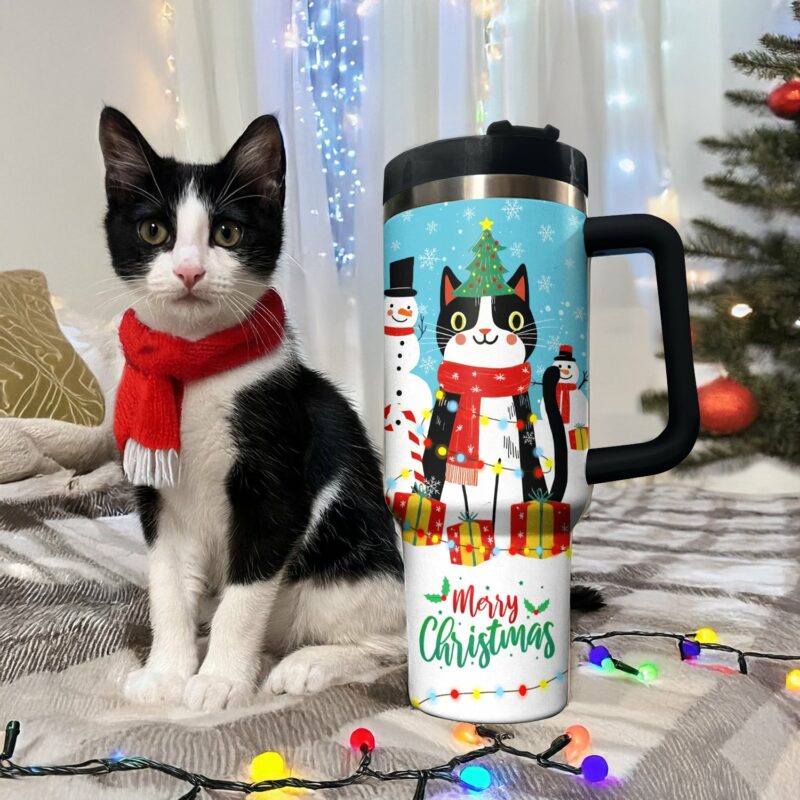 Naughty Cat With Christmas Light Custom Stanley Quencher 40oz Stainless Steel Tumbler With Handle - Threewoofs - Image 2