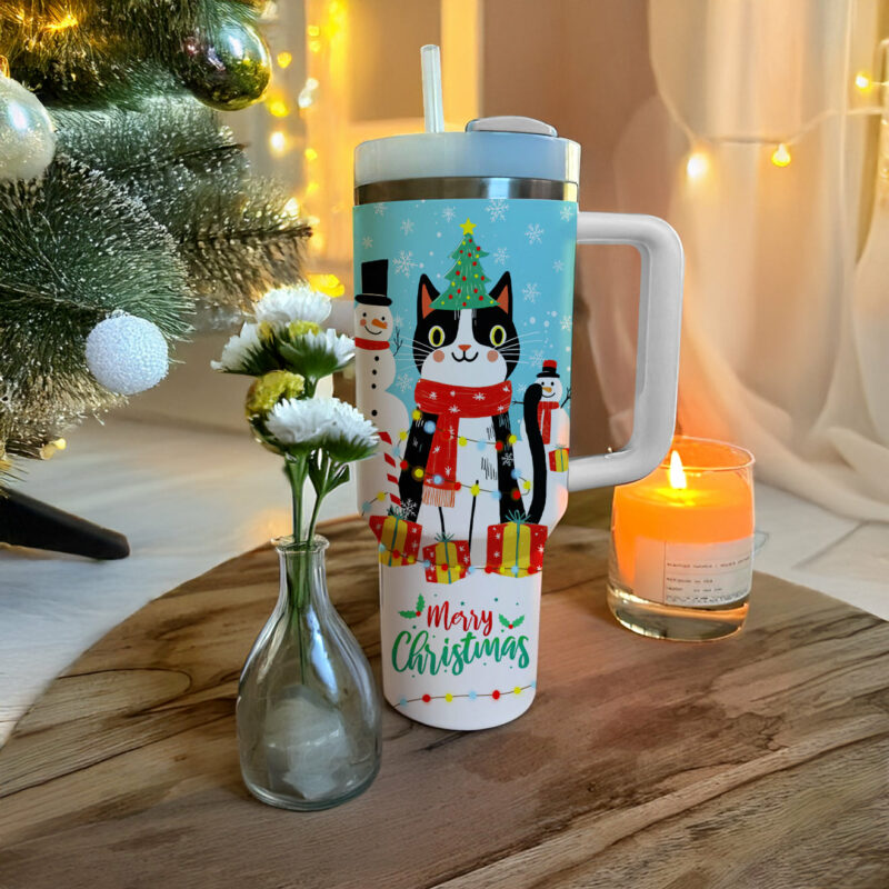 Naughty Cat With Christmas Light Custom Stanley Quencher 40oz Stainless Steel Tumbler With Handle - Threewoofs - Image 3