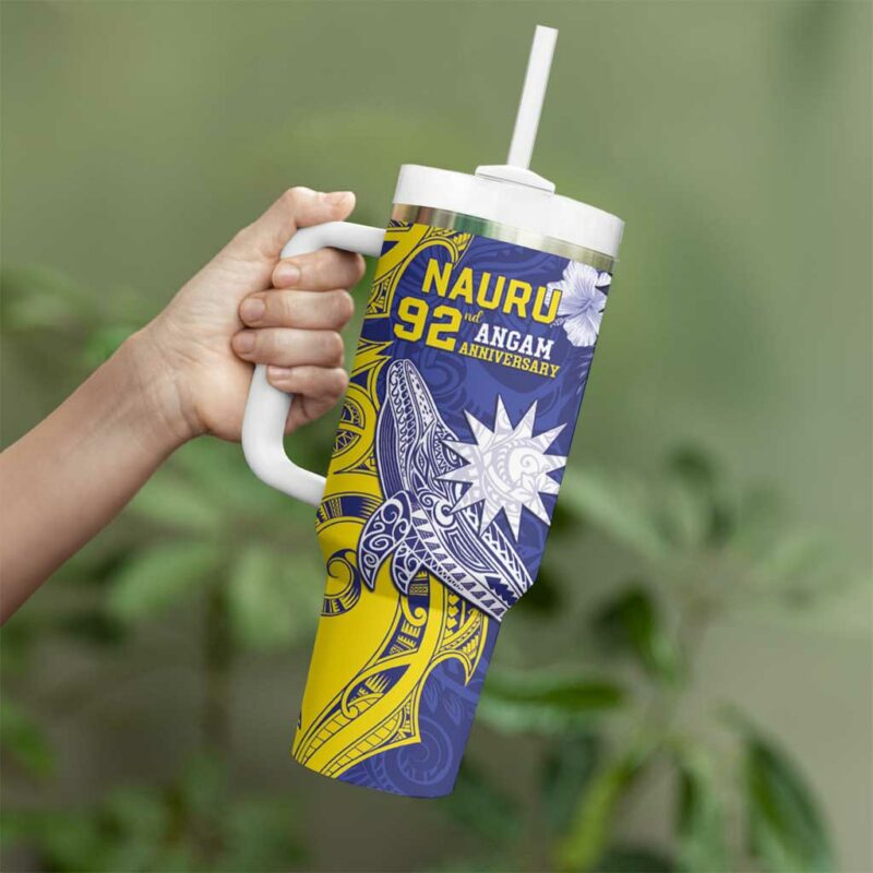 Nauru 92nd Anniversary Of Angam Polynesian Whale Custom Stanley Quencher 40oz Stainless Steel Tumbler With Handle - Threewoofs - Image 3
