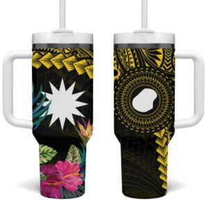 Nauru Naoero Map With Polynesian Tropical Flowers Custom Stanley Quencher 40oz Stainless Steel Tumbler With Handle - Threewoofs