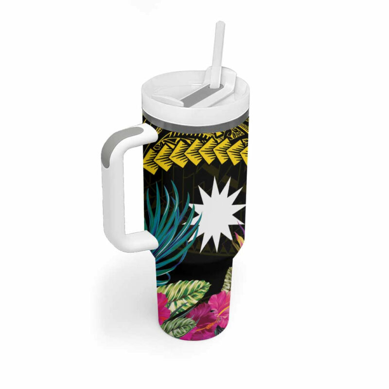 Nauru Naoero Map With Polynesian Tropical Flowers Custom Stanley Quencher 40oz Stainless Steel Tumbler With Handle - Threewoofs - Image 2