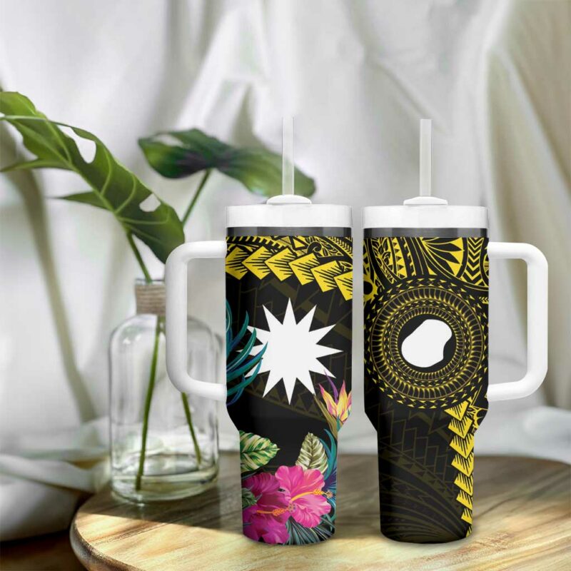 Nauru Naoero Map With Polynesian Tropical Flowers Custom Stanley Quencher 40oz Stainless Steel Tumbler With Handle - Threewoofs - Image 9
