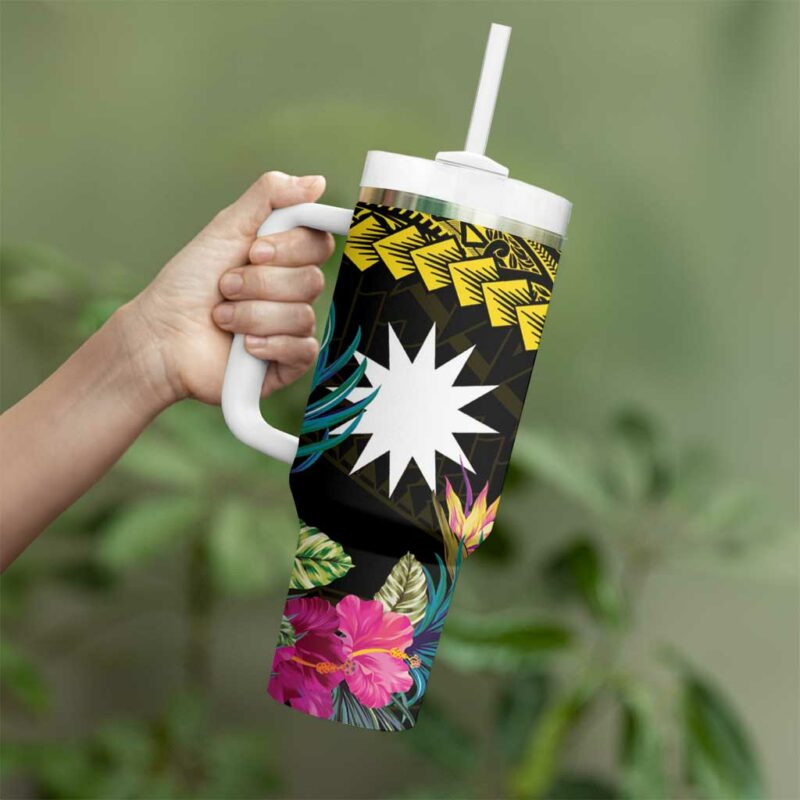 Nauru Naoero Map With Polynesian Tropical Flowers Custom Stanley Quencher 40oz Stainless Steel Tumbler With Handle - Threewoofs - Image 3