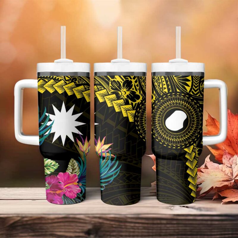 Nauru Naoero Map With Polynesian Tropical Flowers Custom Stanley Quencher 40oz Stainless Steel Tumbler With Handle - Threewoofs - Image 4