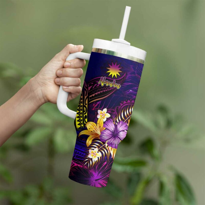 Nauru With Whale Hibiscus Custom Stanley Quencher 40oz Stainless Steel Tumbler With Handle - Threewoofs - Image 3