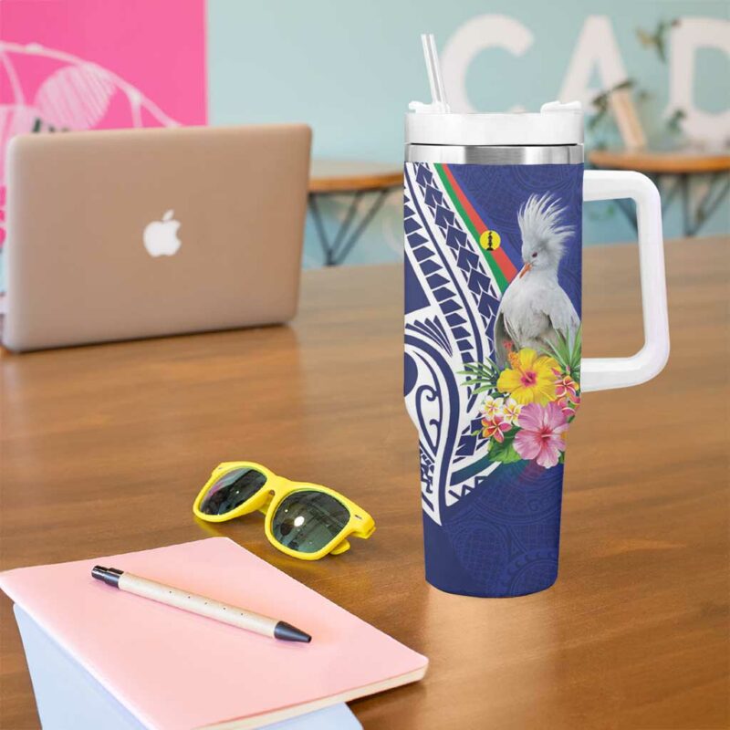 New Caledonia Kagu Bird Polynesian Tropical Flowers Custom Stanley Quencher 40oz Stainless Steel Tumbler With Handle - Threewoofs - Image 5