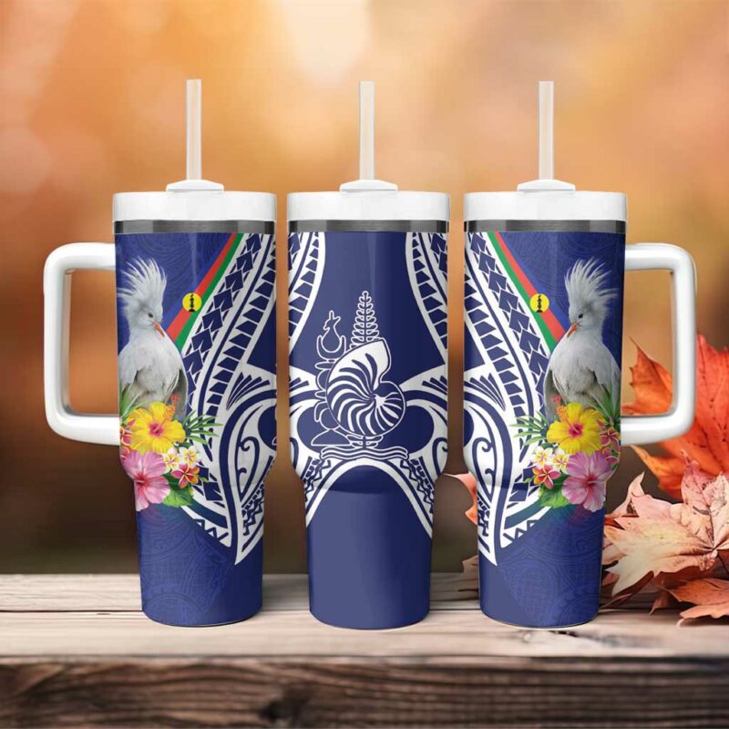 New Caledonia Kagu Bird Polynesian Tropical Flowers Custom Stanley Quencher 40oz Stainless Steel Tumbler With Handle - Threewoofs - Image 4
