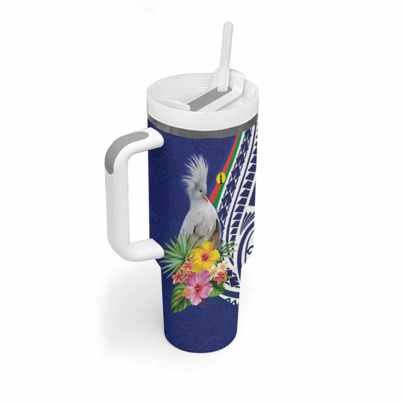 New Caledonia Kagu Bird Polynesian Tropical Flowers Custom Stanley Quencher 40oz Stainless Steel Tumbler With Handle - Threewoofs - Image 2