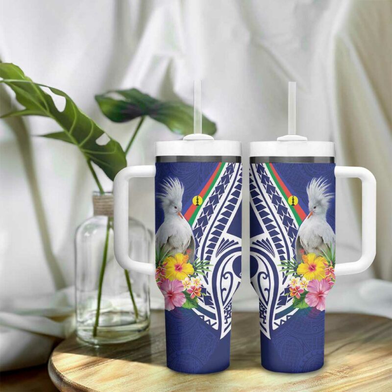 New Caledonia Kagu Bird Polynesian Tropical Flowers Custom Stanley Quencher 40oz Stainless Steel Tumbler With Handle - Threewoofs - Image 9