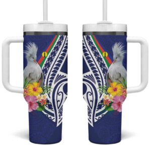 New Caledonia Kagu Bird Polynesian Tropical Flowers Custom Stanley Quencher 40oz Stainless Steel Tumbler With Handle - Threewoofs