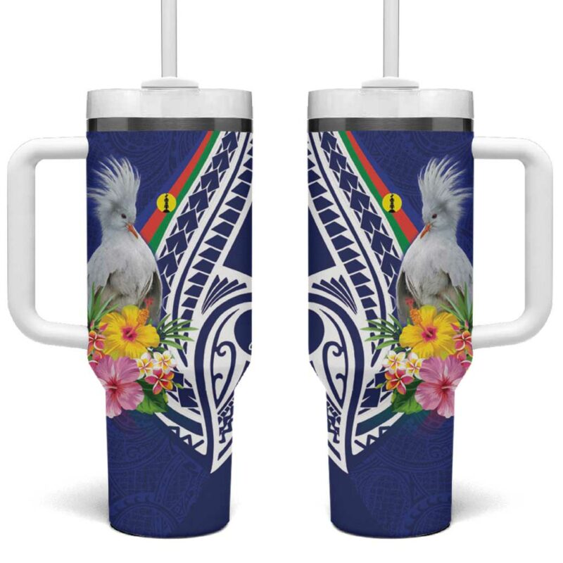 New Caledonia Kagu Bird Polynesian Tropical Flowers Custom Stanley Quencher 40oz Stainless Steel Tumbler With Handle - Threewoofs