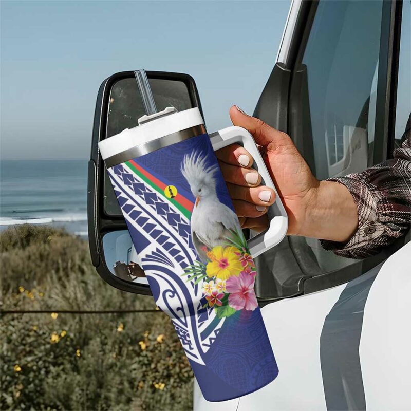 New Caledonia Kagu Bird Polynesian Tropical Flowers Custom Stanley Quencher 40oz Stainless Steel Tumbler With Handle - Threewoofs - Image 7