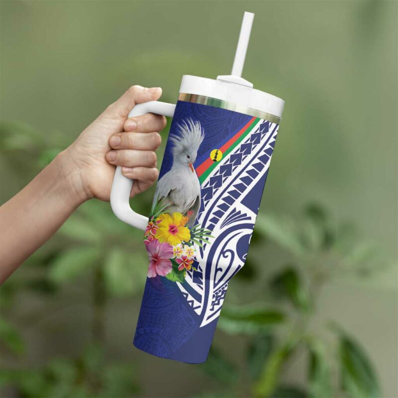New Caledonia Kagu Bird Polynesian Tropical Flowers Custom Stanley Quencher 40oz Stainless Steel Tumbler With Handle - Threewoofs - Image 3