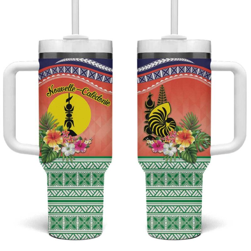 New Caledonia Nautilus Shell Polynesian Tropical Flowers Custom Stanley Quencher 40oz Stainless Steel Tumbler With Handle - Threewoofs