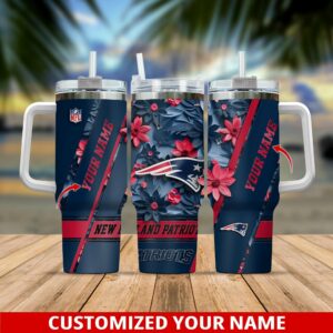 Personalized New England Patriots Floral Tumbler - Custom Name NFL Cup