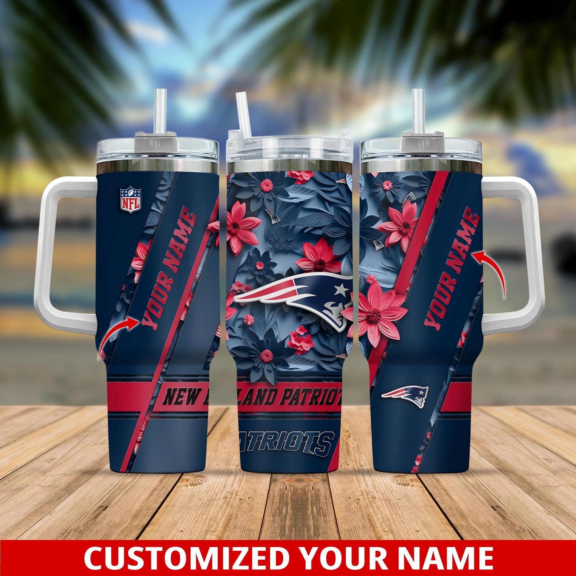 Personalized New England Patriots Floral Tumbler - Custom Name NFL Cup