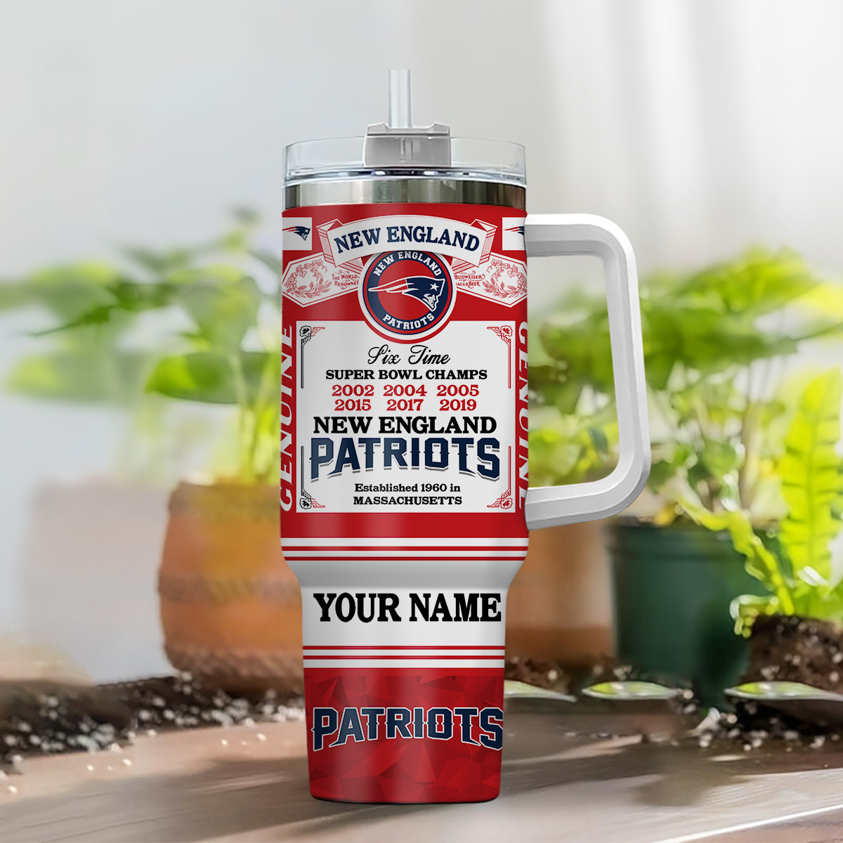 Personalized New England Patriots Championship Tumbler with Handle & Straw - Image 2